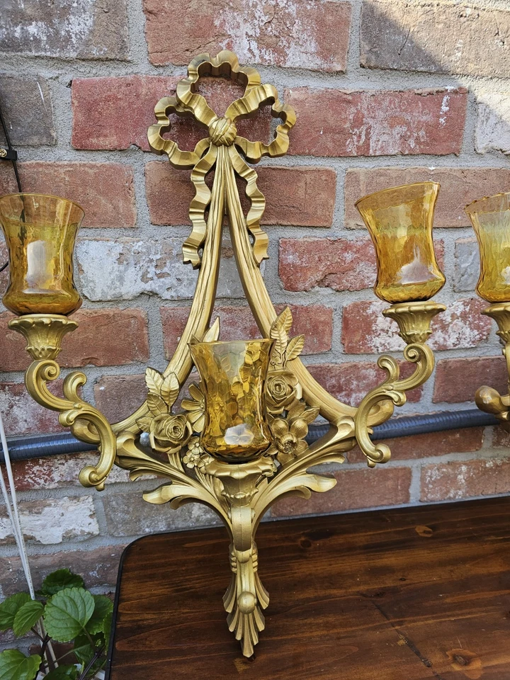 "2 apliques de pared grandes Hollywood Regency Syroco de 3 brazos 26"" x 16"" y 6 votivos" Foto 2 de 4