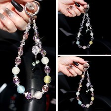 Dazzling Bling Glitter Beaded Phone Wrist Strap Lanyard Chain With Rose Pendant
