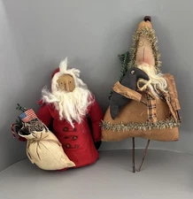 Vintage Handmade Santa Claus Dolls USA & Crow Primitive Folk Art Christmas Decor