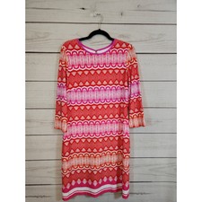 Eliza J Womens Pink Red Geometric Round Neck Long Sleeve Midi Sheath Dress Sz 10