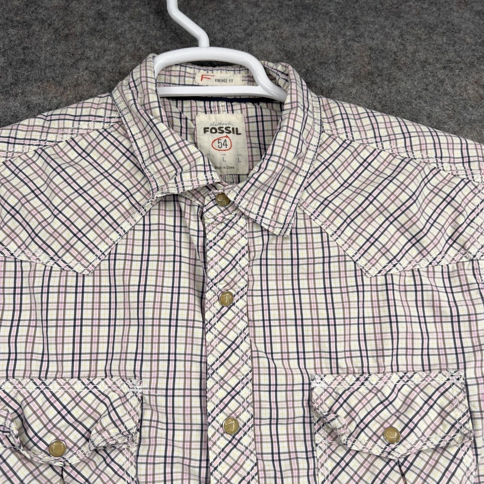 Fossil Button Up Shirt Mens Large White Pink Plaid Long Sleeve Western Casual - Image 2 of 4