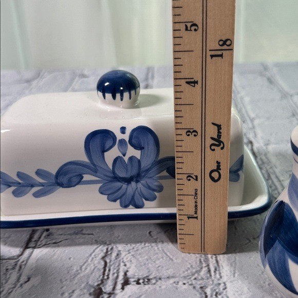 HOME Country Home Butter Dish Salt & Pepper Shakers Vintage Aesthetic Blue White