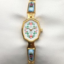 Vtg Chaika Yanka Women Watch 16mm Floral Porcelain Gold Tone New Battery 7.5"