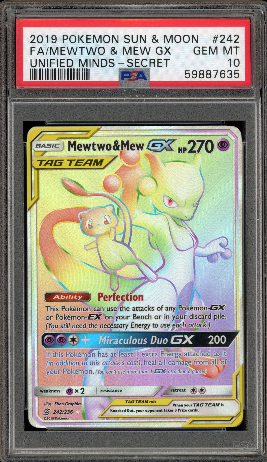Pokemon Mewtwo & Mew GX Unified Minds Secret Rare #242 PSA 10 Gem Mint