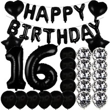 Sweet 16th Birthday Decorations Party Supplies,Black Number 16 Balloons,16th ...