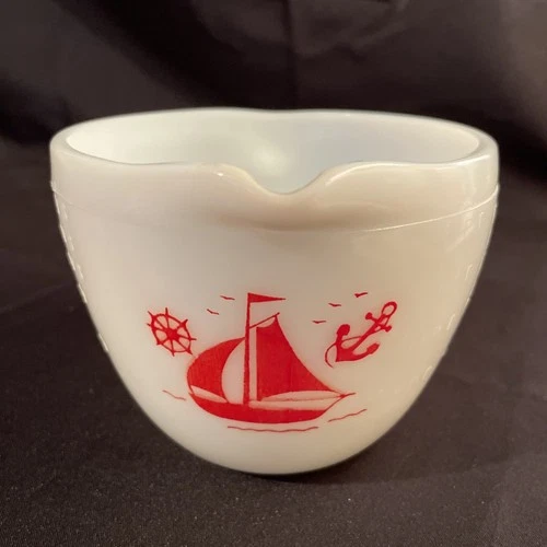Vintage Mckee Glass White Milk Glass with Red Sailboat 2 Cup Measuring Pitcher