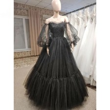 Black Gothic Sweetheart Wedding Dresses Puff Sleeve Beading A Line Bridal Gowns