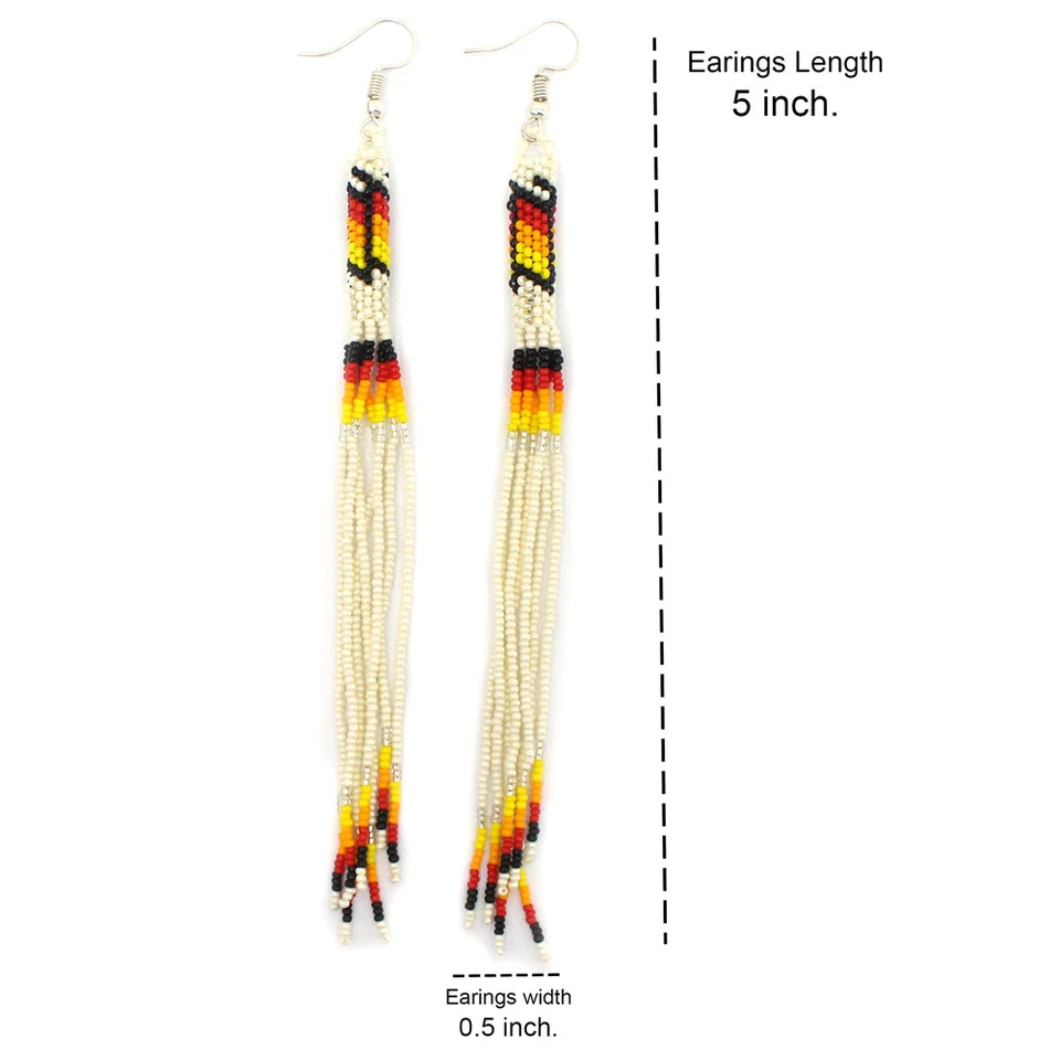 Pendientes de cuentas extra largas estilo nativo tribal con cuentas hechos a mano (crema) Foto 3 de 3