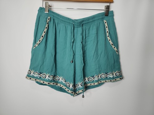 Hei Hei Anthropologie Shorts Med Embroidered Teal Green Beach Boho Drawstring
