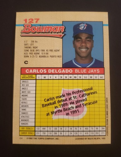 1992 BOWMAN CARLOS DELGADO ROOKIE CARD 127 EBay
