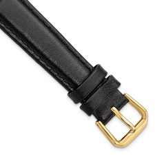 16mm 6.75" Short Black Smooth Leather Gold-tone Buckle Watch Band