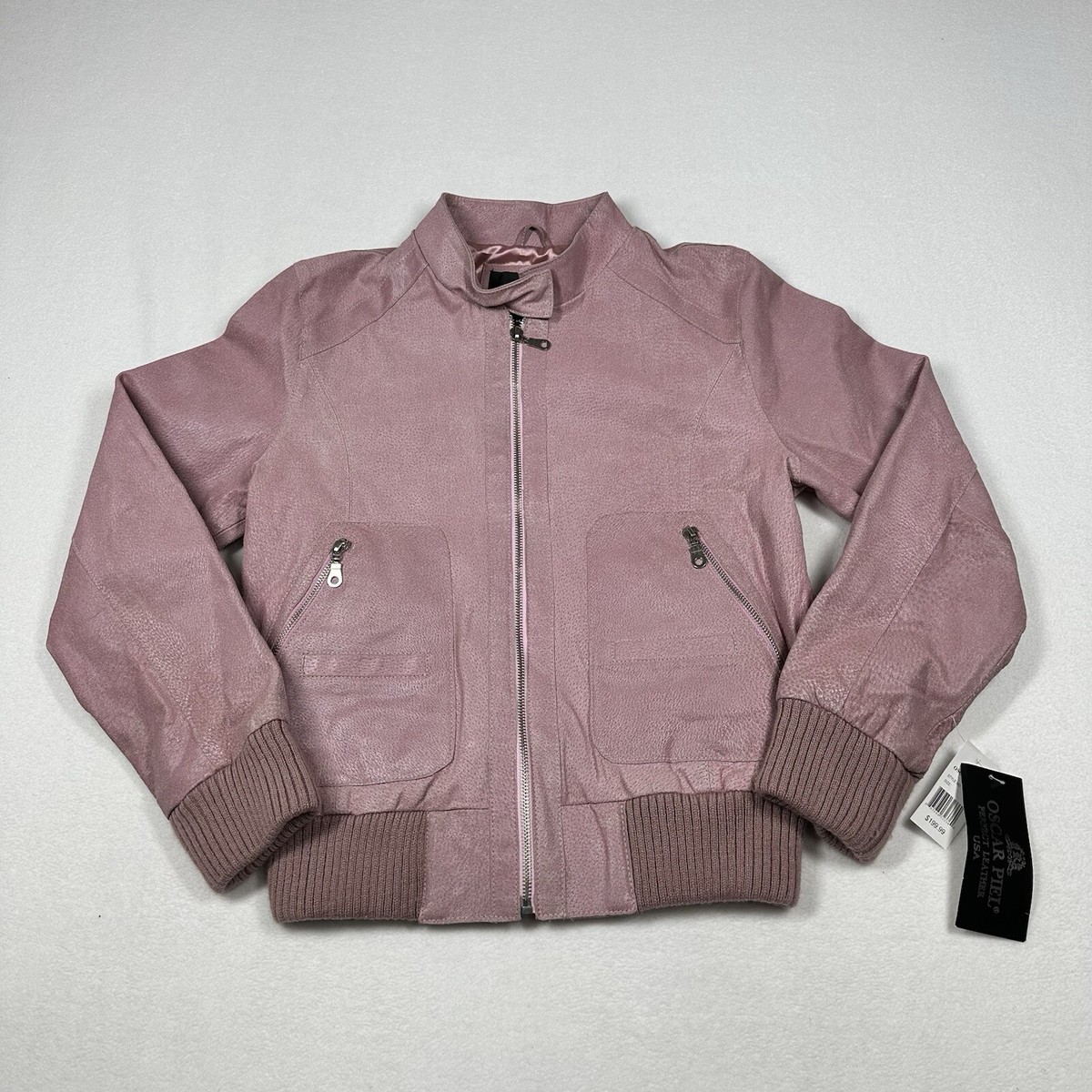 Oscar Piel Pink Leather Bomber Jacket Women's Size Medium NWT
