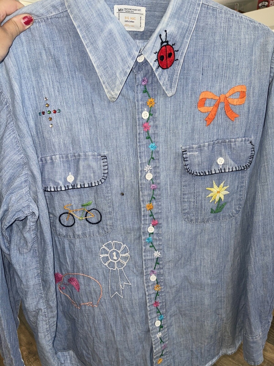 Vintage 70s Big Mac Embroidered Chambray Hippie Shirt Size L