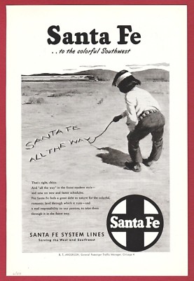 1949 Ad ~ SANTA FE Chief Railroad RR ~ American Indian Boy Writing in the Sand