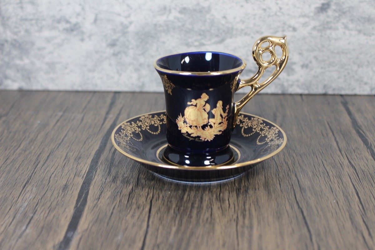 LIMOGES FRANCE CASTEL TEA CUP & SAUCER, COBOLT BLUE, 22K Gold | eBay