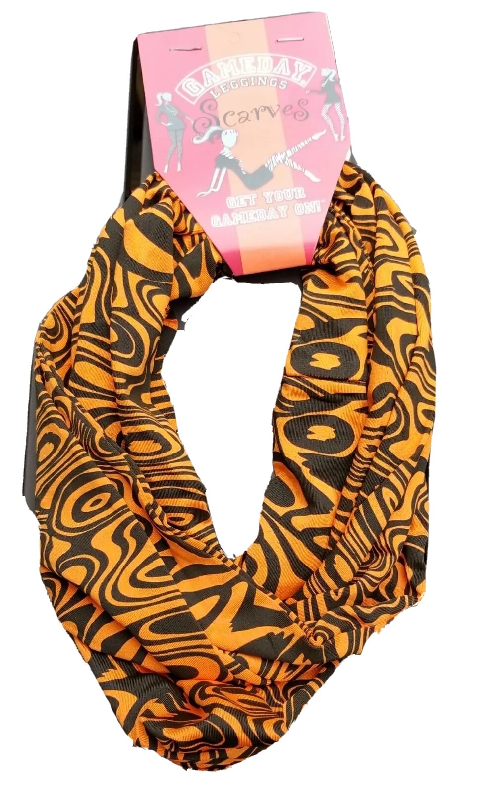 Infinity Loop Scarf with Circle Print in Orange Black Water Swirl Design-image