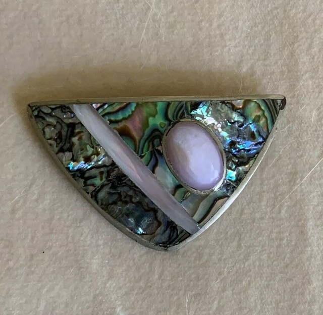 VINTAGE ALPACA SILVER & ABALONE INLAY GEOMETRIC BROOCH PIN eBay