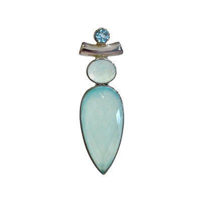 Grüner Chalzedon & 0,88ct Blautopas Sterlingsilber Anhänger Handwerk Edelstein Sammlung