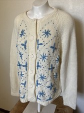 Vintage Flower Embroidered Knit Granny Boho Sweater Cardigan Starburst Ivory