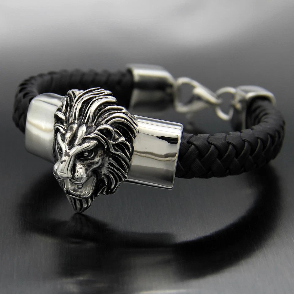 Pulseira masculina de couro genuíno preta cabeça de leão de aço inoxidável pesado motociclista - Imagem 3 de 4
