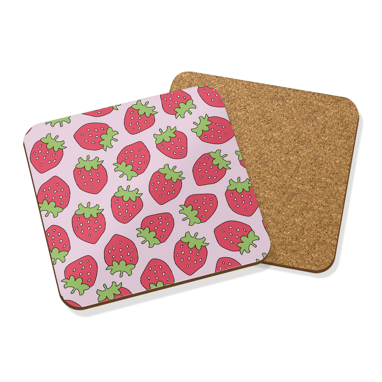 PINK STRAWBERRY PATTERN DRINKS COASTER MAT HARDBOARD SET X4 - Fruit Juicy Fun