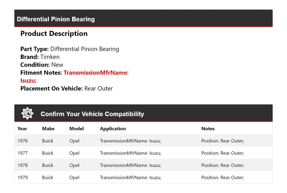Cojinete de piñón diferencial trasero exterior Timken 1977 1978 para Buick Opel 1976-1979 Foto 2 de 3