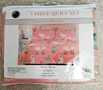 3PC  Peach Queen Quilt Set  Geneva Collection Winter Sheep Spirit Linen NEW