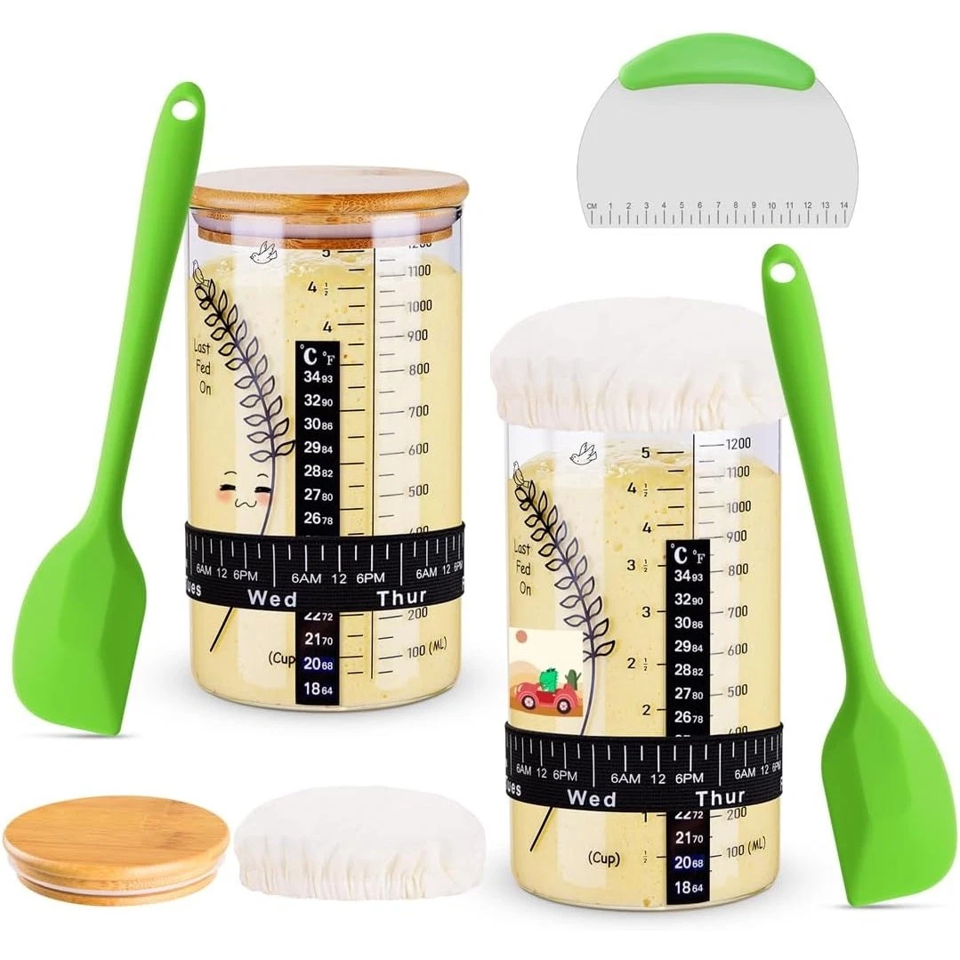 2 Pack 40oz Large Sourdough Starter Jar Glass Kit Wide Mouth w/ Tools NEW