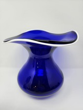 Handblown Cobalt Blue Art Glass Vase White Rim Elegant Decorative Accent Piece