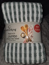 New Good Quality Set Of 4 Jumbo Size Tea Towels In A Green And White Colour