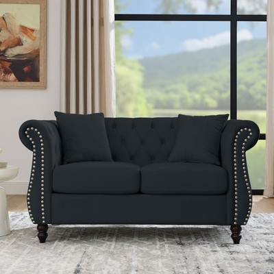 58.8'' Chesterfield Sofa Black Velvet for Living Room, 2 Seater Sofa Tufted Couch