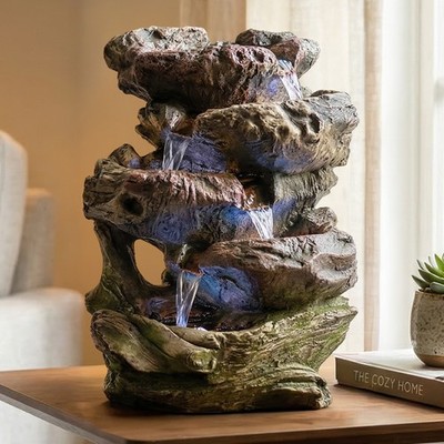 14'' 5-StepTabletop Water Fountain with LED Lights, Stacked Rocks by Sunnydaze
