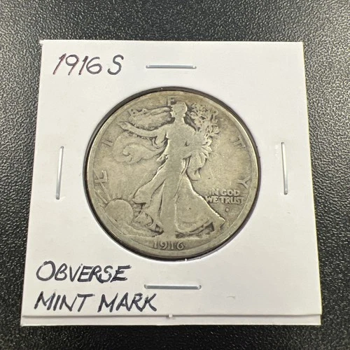 1916-S U.S. Liberty Walking Half Dollar 50c - Rare / Obverse Mintmark - NR!