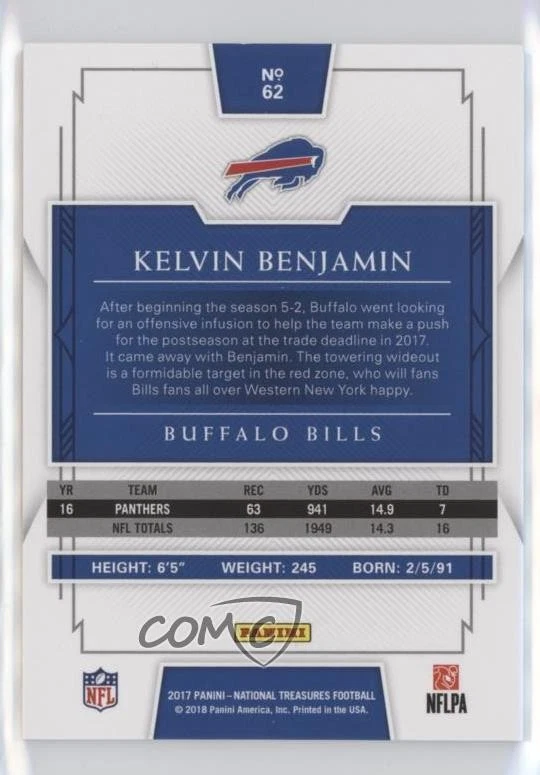 2017 Panini National Treasures Purple /49 Kelvin Benjamin #62 - Image 2 of 2