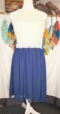 By & By Lace Top Chiffon Dress Size 9 Cream Ivory Bodice Navy Skirt Hi-Low Hem