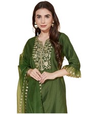 Women's Silk Blend Embroidery Straight Kurta with Pant  Dupatta