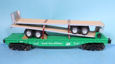 #ad Menards O Scale Burlington Northern Flat Car with 2 Flatbed Trailers 279 0771 $31.49