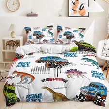 Truck Dinosaur Duvet Cover Set Twin Size,Blue Cartoon Monster Truck Comforter...