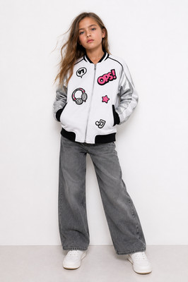 Gulliver Girls White Silver Bomber Jacket Patches Oops Headphones Zip Up Size 97