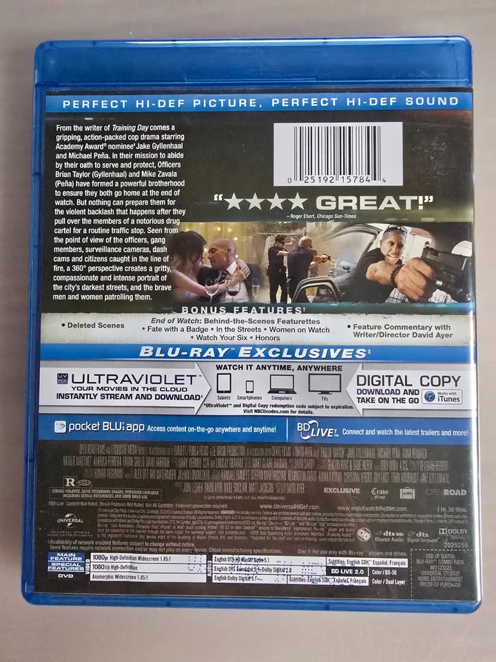 End of Watch (2012) Blu-Ray Disc + DVD + Digital Jake Gyllenhaal Michael Peña - Image 2 of 3