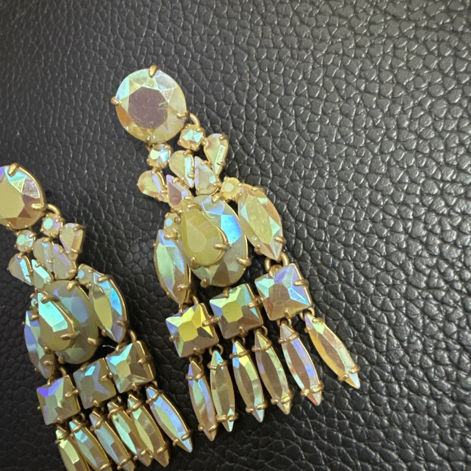 J Crew Green Iridescent Playa Chandelier Statement AB Faceted Gold Earrings - Image 2 of 4