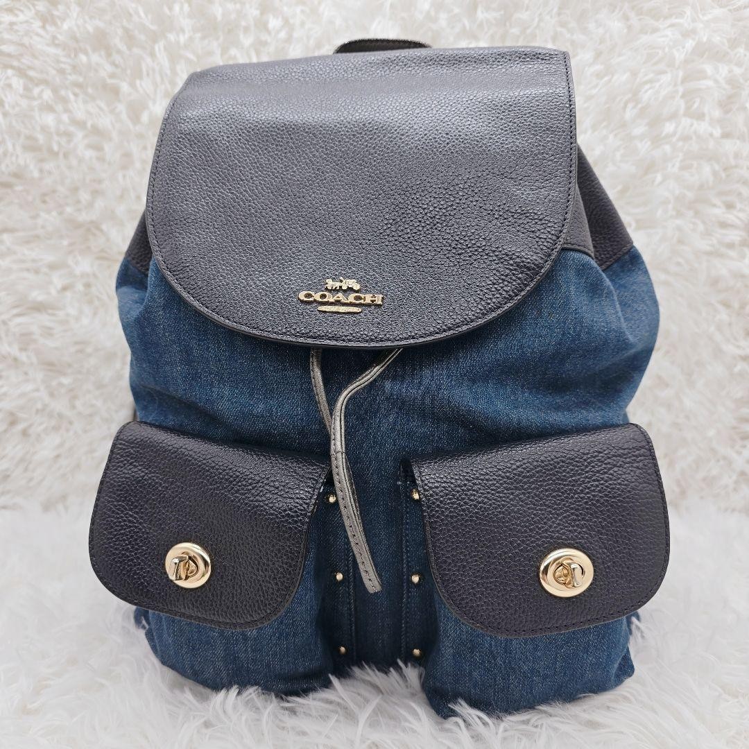 COACH Denim Leather Drawstring Backpack Dark Navy… - image 2