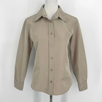 Prada Silk Blend Button Down Shirt Size 46 Taupe Brown Long Sleeve Minimalist