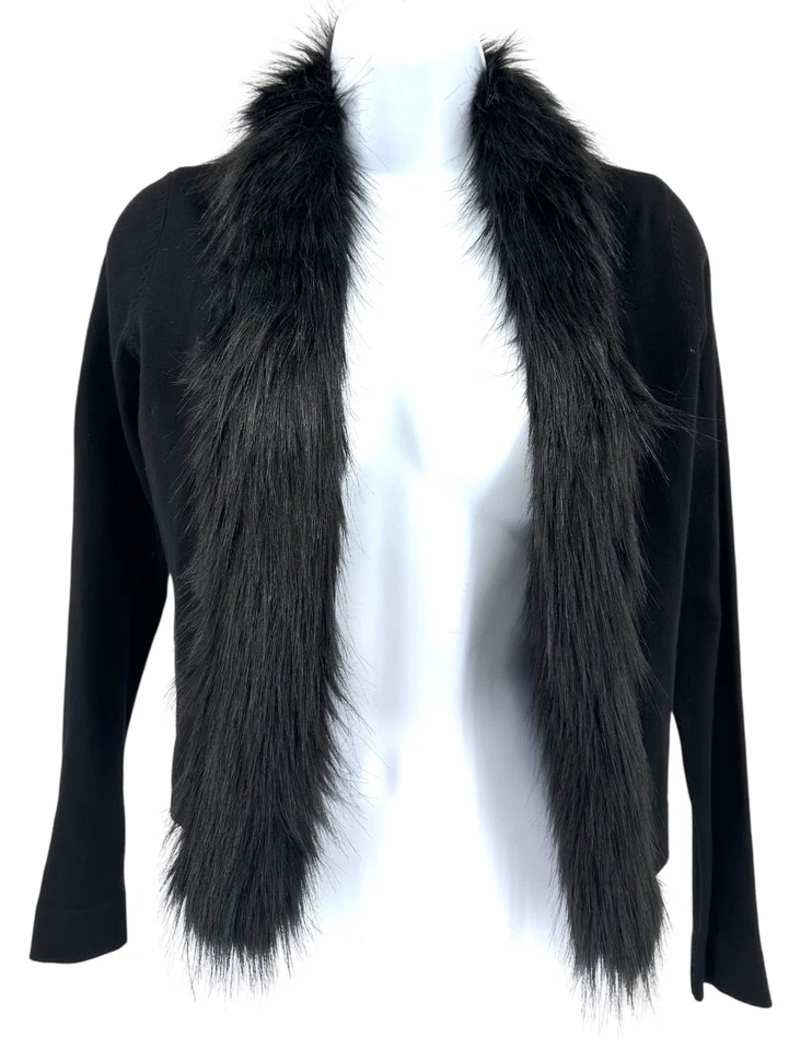 Suéter cárdigan abierto negro ALFANI Petite PP con cuello y ribete de piel sintética negra Foto 3 de 4