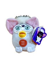 NWT Vintage 1999 Furby Talking Keychain Backpack Tag, White w/Blue Eyes, Tiger