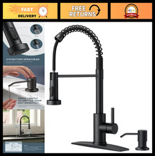 Black Kitchen Faucet with Soap Dispenser, Stainless Steel Pull Down Sprayer, Far
