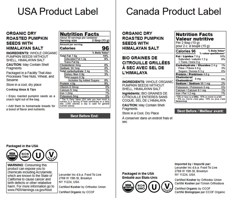 Semillas de calabaza tostadas secas orgánicas con sal del Himalaya - granos no transgénicos, kosher Foto 3 de 4