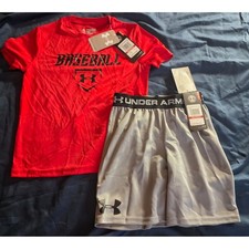 Under Armour Boys Baseball Shirt and Shorts Set Red Grey YXS NWT Activewear