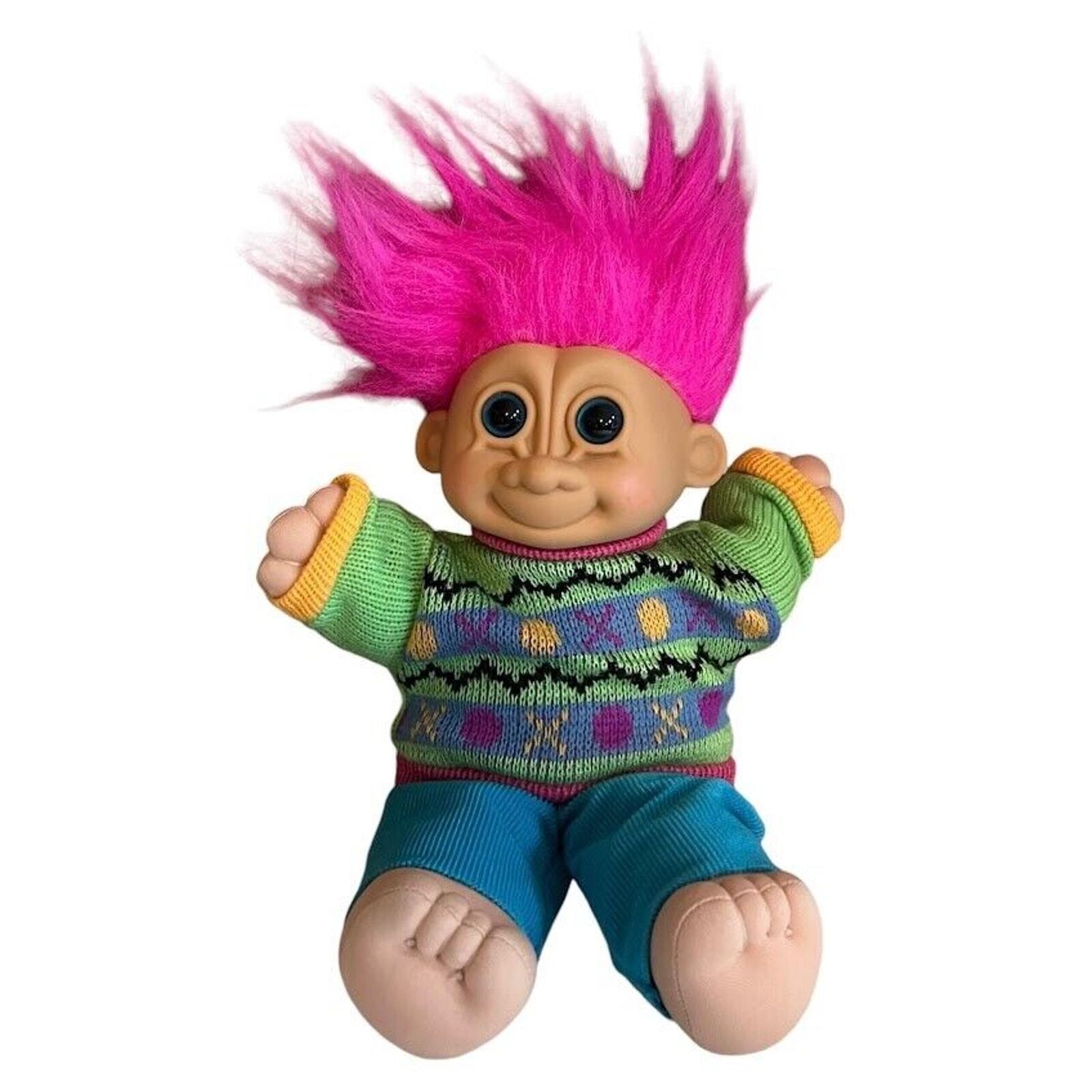Vintage Troll Doll Bennie Pink Hair Green Sweater Plush Kids Toy
