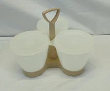 Vintage Tupperware Condiment Dip Caddy 3 Container Server w/ Holder and Covers